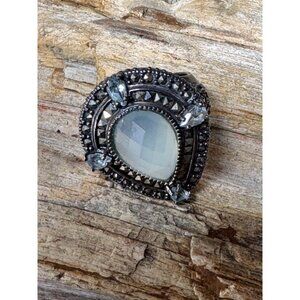 925 Sterling Thailand Ring Milky Blue Teardrop Stone Marcasite Halo Blue Accents